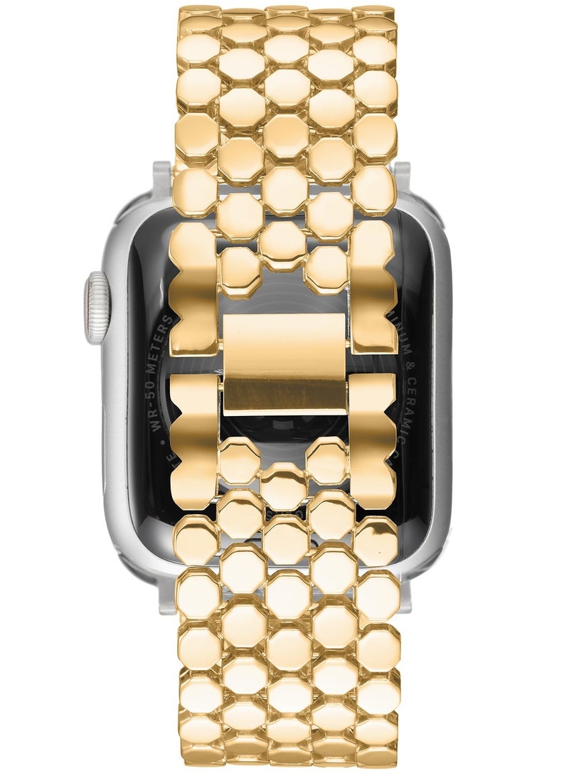 سوار ساعة آبل من الفولاذ المعدني الذهبي 42مم/44مم/45مم – شريط مرصّع ذو روابط سداسية مُلمع، شريط فاخر أنيق قابل للتعديل - Image 3